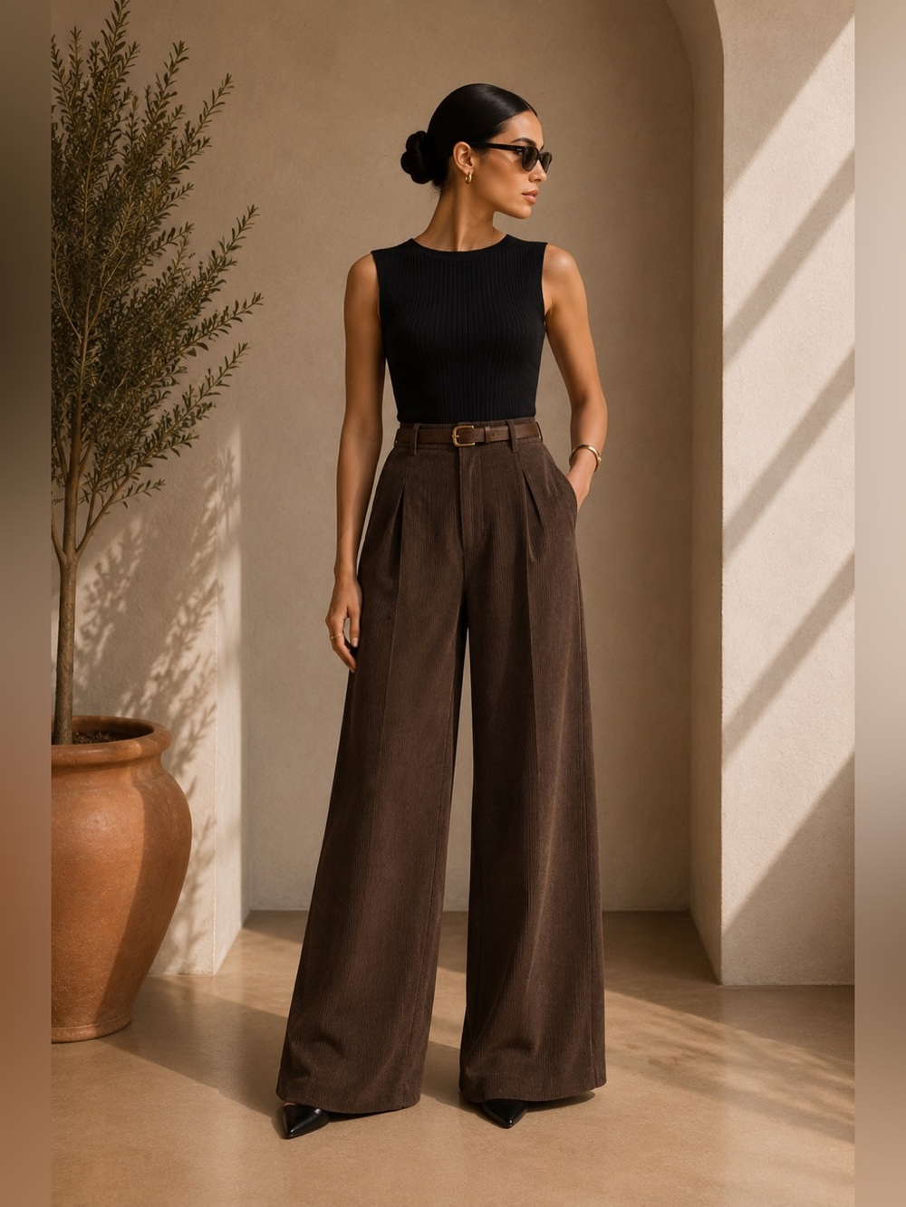 Commense High-Waist Wide-Leg Trousers in Brown